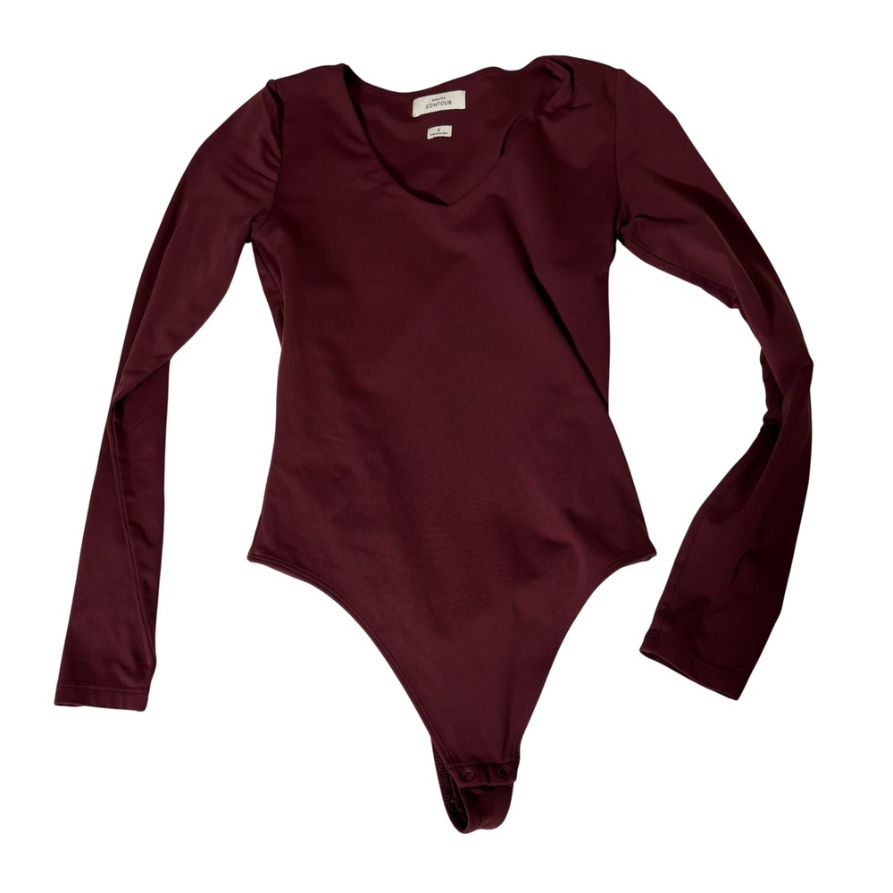 Babaton Contour V-Neck Long Sleeve Bodysuit Burgundy Wine S